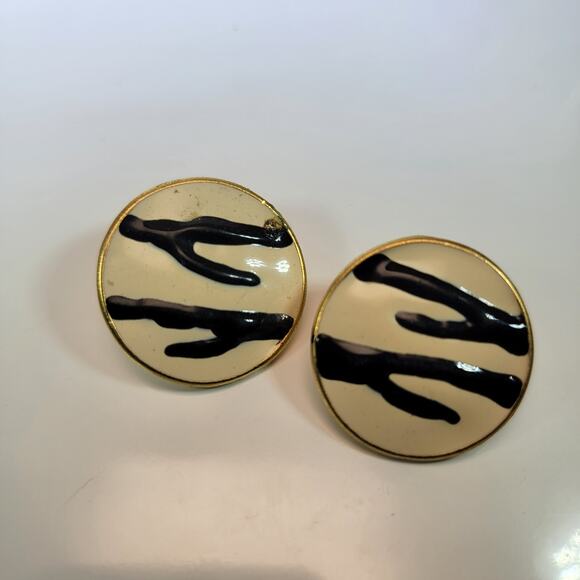 Vintage 1980s Post Back & Clip-On Earrings, Abstract Black and Ivory Design - Picture 1 of 10